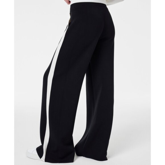 Spanx AirEssentials Striped Track Pant Very Black White High-Rise Waist Wide Leg - Picture 2 of 12